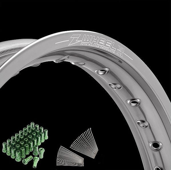 Rim Set, Front, Silver Rim/Green Nipple, Super Sherpa