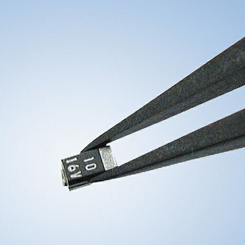 ESDピンセット 標準先細 ピンセット サイズ:130X10mm 材質:非磁性ステンレス(本体部)、PPSプラスチック(チップ部) 先端サイズ:0.5mm つまみ荷重:100g 表面抵抗値:1X105~107Ω チップ耐熱温度:270℃