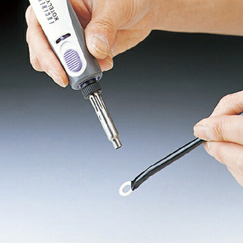 コテライザー サイズ:200X29X29mm 材質:ABS樹脂 方式:ガス触媒発熱方式(ライター着火式) 熱出力:最大約500℃(半田コテ)、最大約650℃(ホットブロー)、最大約1300℃(トーチ) ガス充填量:12ml