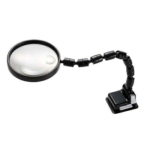 拡大鏡 サイズ:110X390mm 倍率:2倍、4倍(小レンズ部) レンズ径:φ100mm レンズ仕様:ハードコートプラレンズ 角度:前後180° マグネット部サイズ:53X45mm