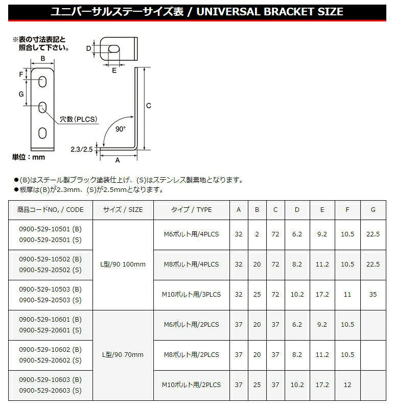 ユニバーサルステー SUS304 φ8 L型 /90 70MM 2.5T