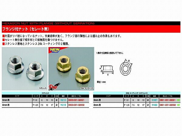 フランジ付ナット セレート無し(24Kコーティング) 6mmXP1.0用 2個