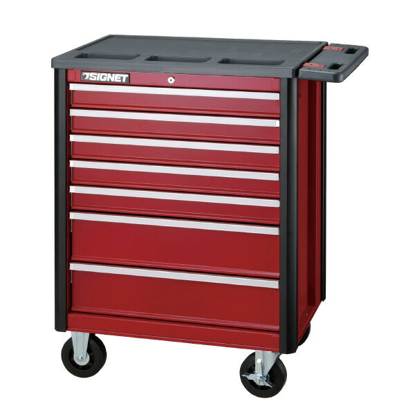 ヘビーローラーキャビネット7段 (レッド) 引き出しサイズ(mm):W580xD406xH75(上5段)、W580xD406xH150(下2段) 質量(kg):67 引き出し耐荷重(kg):各70 引出し:7段(各段にマット付属)