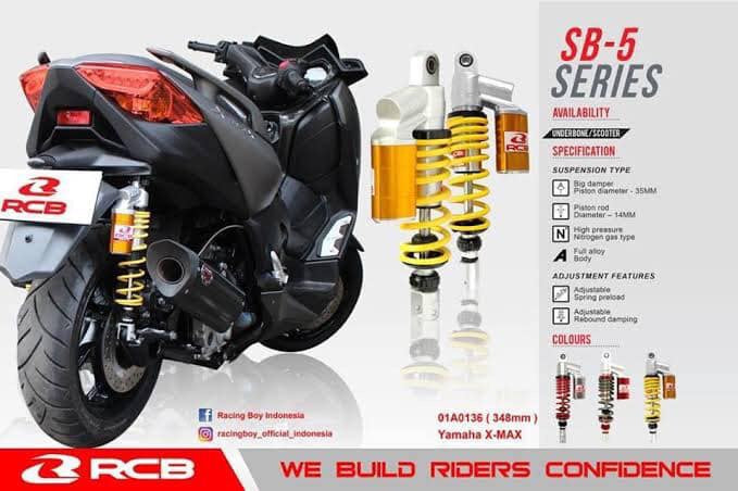 RCB Rear Shock Absorber with Damping Adjustment SB-5 Silver/Red 348-353mm XMAX250/300 PCX