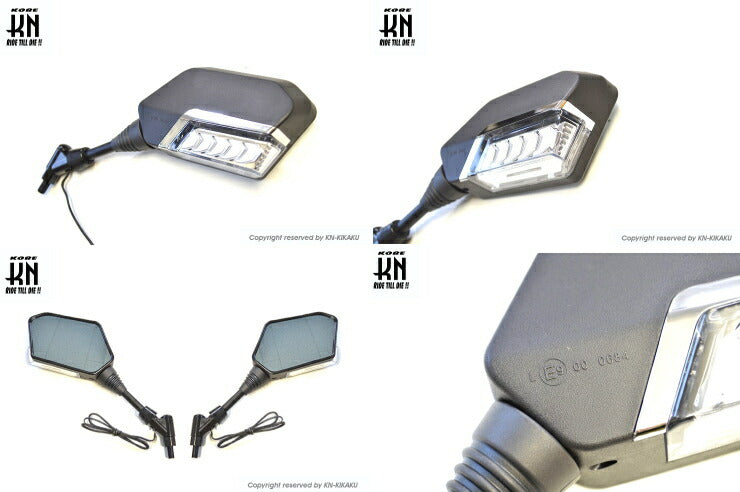 シーケンシャルウインカー付バックミラー Eマーク付 左右10mm正ネジ デイライトホワイト ホンダ/スズキ/カワサキスクーター