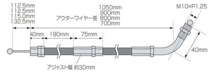 アジャスタブル スロットルワイヤー タイプ3 ステンレス金具 アウターメッシュ 900mm 汎用