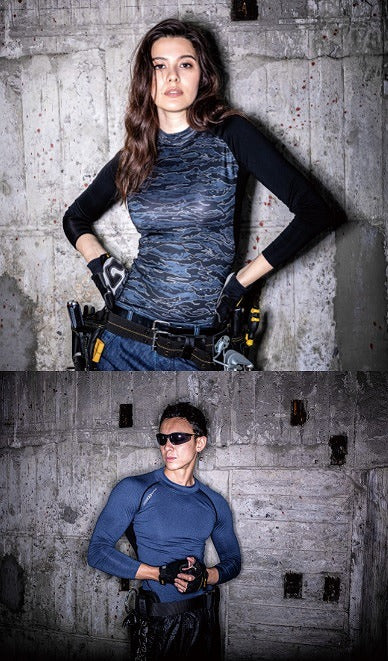 長袖ホットフィッテッド インナーシャツ インディゴ杢 秋冬用 ユニセックス