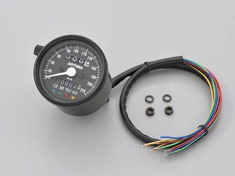 【アウトレット】機械式スピードメーター φ60 ブラックボディ/ブラックパネル 220km/h インジケーター付き