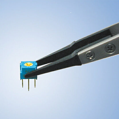 ESDピンセット 先細丸型 ピンセット サイズ：125X10mm 材質：非磁性ステンレス(本体部)､PPSプラスチック(チップ部) 先端サイズ：R0.9mm つまみ荷重：100g 表面抵抗値：1X105～107Ω チップ耐熱温度：270℃