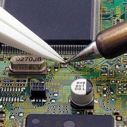 セラミックピンセット 標準先細タイプ ピンセット サイズ：130X10mm 材質：非磁性ステンレス(本体部)､ジルコニアセラミック(チップ部) 先端サイズ：0.5mm チップ耐熱温度：1000℃