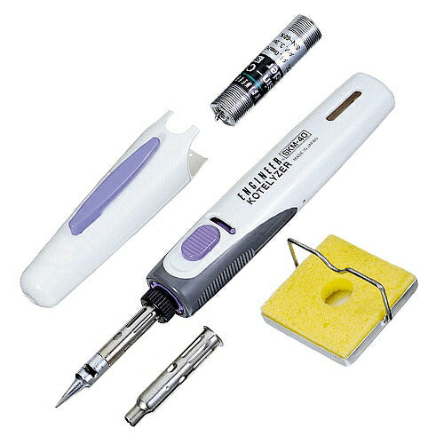 コテライザー サイズ：200X29X29mm 材質：ABS樹脂 方式：ガス触媒発熱方式(ライター着火式) 熱出力：最大約500℃(半田コテ)､最大約650℃(ホットブロー)､最大約1300℃(トーチ) ガス充填量：12ml