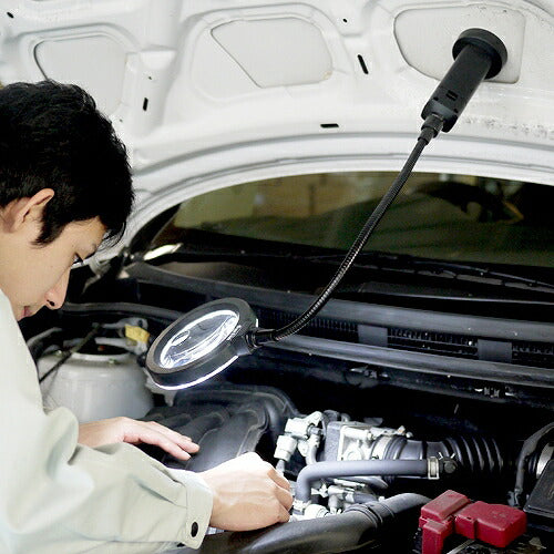 LEDライトルーヘﾟ ルーヘﾟ 重量：593g レンズ径：φ95mm(2倍)､φ25mm(4倍) レンズ仕様：ガラスレンズ フレキシブルアーム：310mm