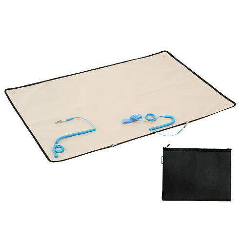 静電作業マット マットサイズ：600X900mm 重量：580g ケースサイズ：270X200mm 表面抵抗値：7.3X108Ω(表面層ベージュ)､1.5X109Ω(裏面層グレー) 漏えい抵抗値：3.2X1013