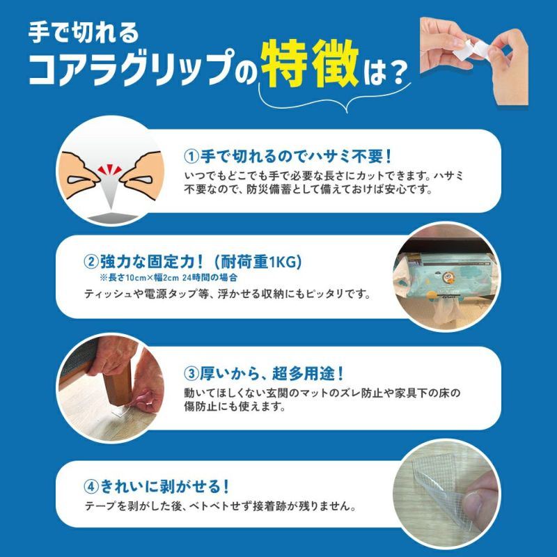 手で切れるコアラグリップ 透明ゲル両面テープ 厚さ1.5mm/幅2cm/長さ2m