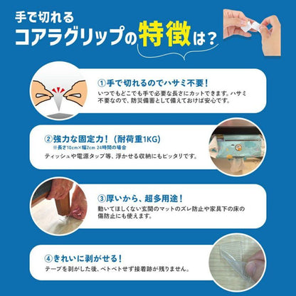 手で切れるコアラグリップ 透明ゲル両面テープ 厚さ1.5mm/幅2cm/長さ2m