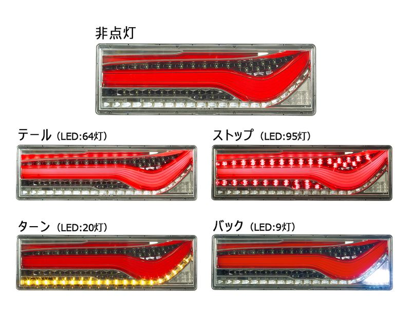 トラック用オールLEDリアコンビネーションランプ 歌舞伎デザイン シーケンシャルターン 左 レッド 24V 1個入