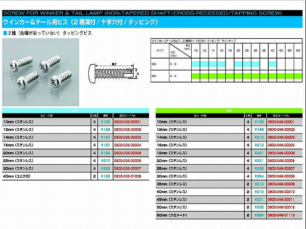 ウインカー\U0026テール用ビス 2種溝 十字穴 タッピング (ステンレス) 3X10 4個