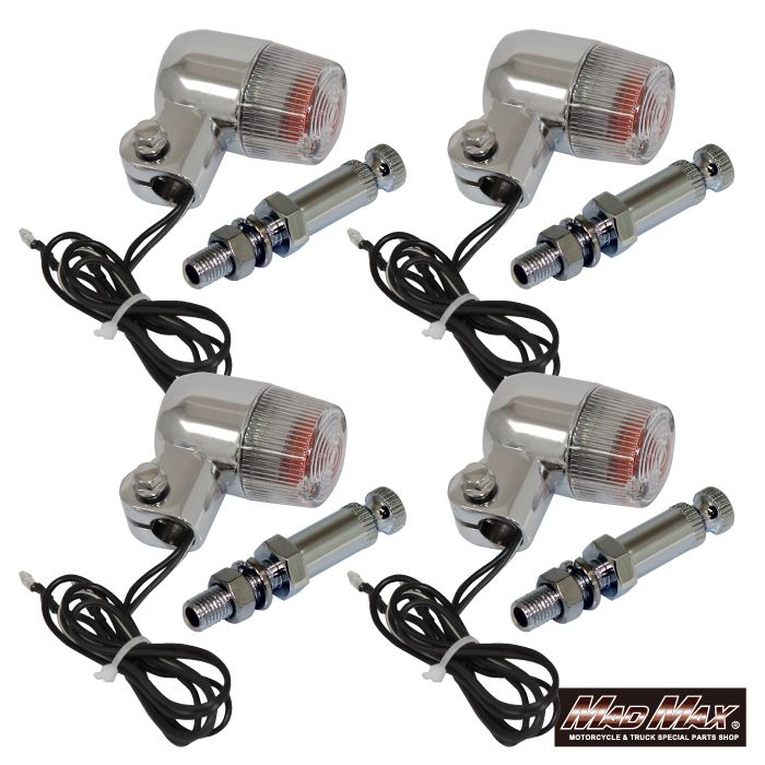 Round Mini European Turn Signals M10 x 76mm / with Mounting Bracket, Silver/Clear, Set of 4, Universal