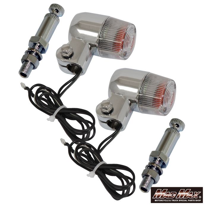丸型ミニヨーロピアンウインカー M10×76mm/取付ステー付 シルバー/クリア 2個セット 汎用