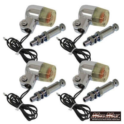 Round Mini European Turn Signals M10 x 76mm / with Mounting Bracket - Silver / Yellowed - Set of 4 - Universal