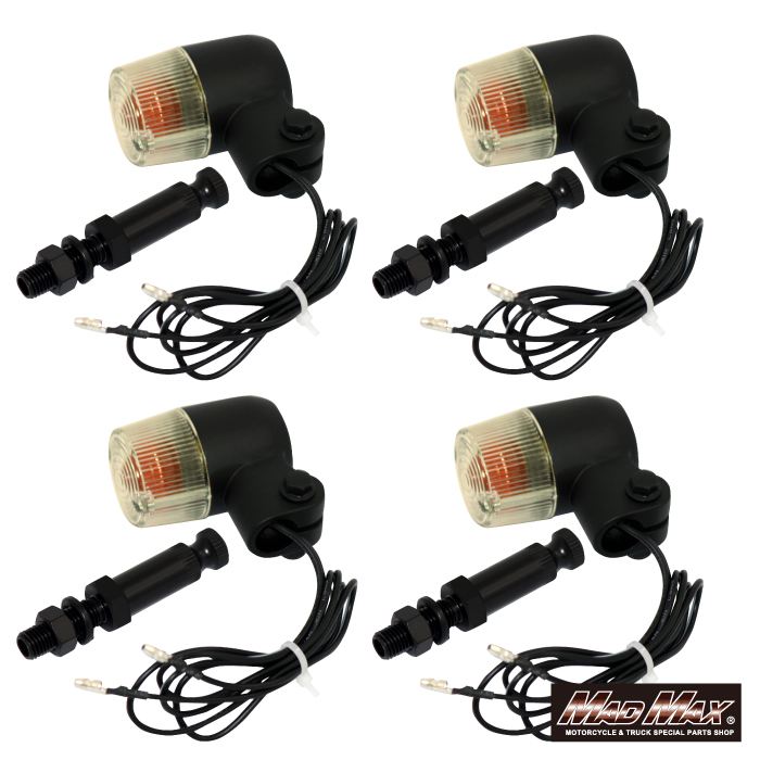 Round Mini European Turn Signals M10 x 76mm / with Mounting Bracket, Black/Amber, Set of 4, Universal