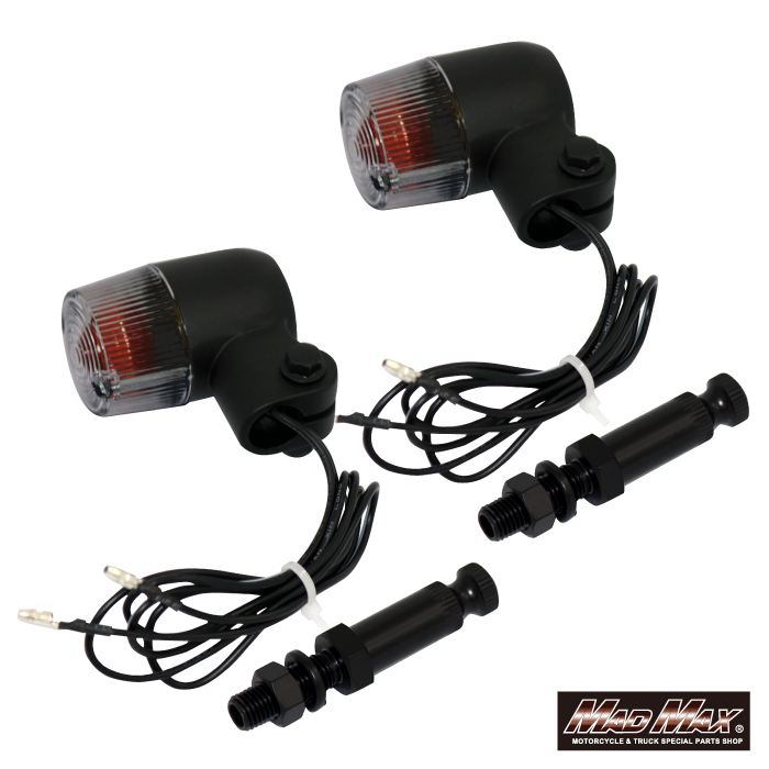 Round Mini European Turn Signals M10 x 76mm/with Mounting Bracket Black/Smoke 2-piece Set Universal