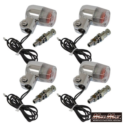 Round Mini European Turn Signals, M10 x 60mm / Mounting Bracket Included, Silver / Clear, Set of 4, Universal