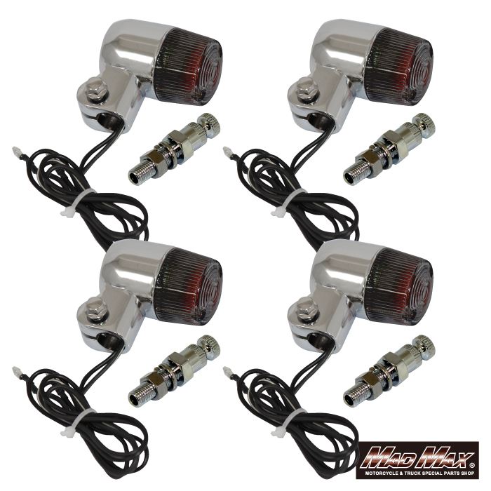 Round Mini European Turn Signals M10 x 60mm / with Mounting Bracket, Silver/Smoke, Set of 4, Universal