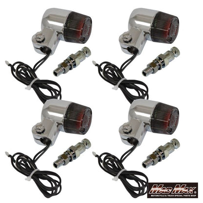 Round Mini European Turn Signals M10 x 60mm / with Mounting Bracket, Silver/Smoke, Set of 4, Universal