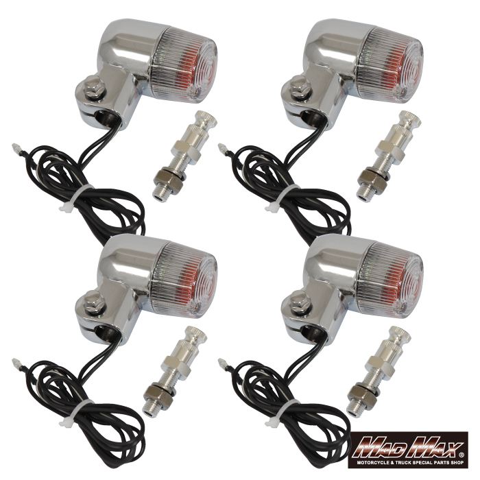 丸型ミニヨーロピアンウインカー M10×60mm/アルミ製取付ステー付 シルバー/クリア 4個セット 汎用