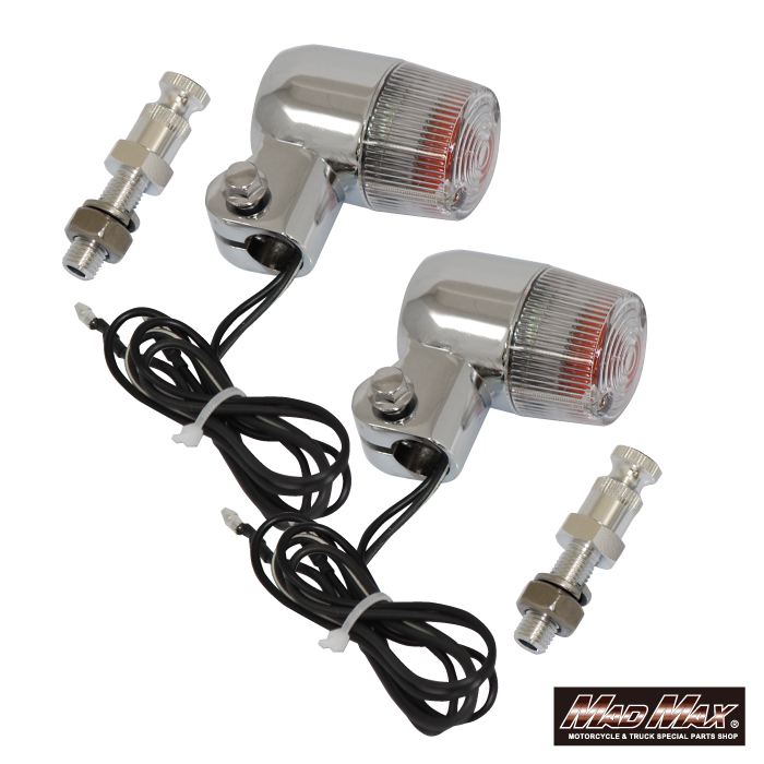 丸型ミニヨーロピアンウインカー M10×60mm/アルミ製取付ステー付 シルバー/クリア 2個セット 汎用