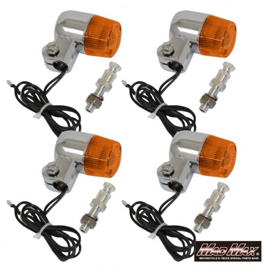 Round Mini European Turn Signals, M10x60mm, with Aluminum Mounting Brackets, Silver/Orange, Set of 4, Universal