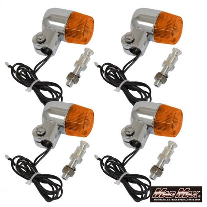 Round Mini European Turn Signals, M10x60mm, with Aluminum Mounting Brackets, Silver/Orange, Set of 4, Universal