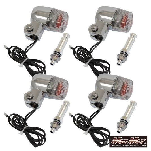 丸型ミニヨーロピアンウインカー M10×73mm/アルミ製取付ステー付 シルバー/クリア 4個セット 汎用