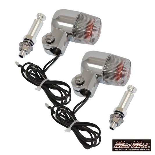 丸型ミニヨーロピアンウインカー M10×73mm/アルミ製取付ステー付 シルバー/クリア 2個セット 汎用