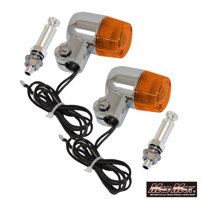 丸型ミニヨーロピアンウインカー M10×73mm/アルミ製取付ステー付 シルバー/オレンジ 2個セット 汎用