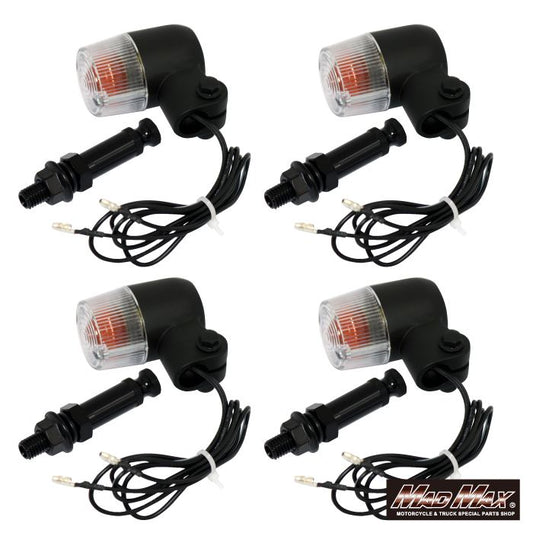 丸型ミニヨーロピアンウインカー M10×73mm/アルミ製取付ステー付 ブラック/クリア 4個セット 汎用