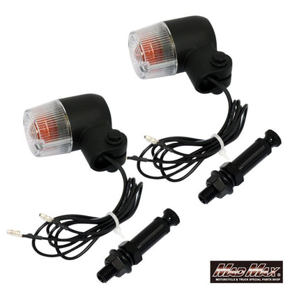 丸型ミニヨーロピアンウインカー M10×73mm/アルミ製取付ステー付 ブラック/クリア 2個セット 汎用