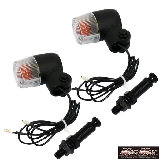 丸型ミニヨーロピアンウインカー M10×73mm/アルミ製取付ステー付 ブラック/クリア 2個セット 汎用