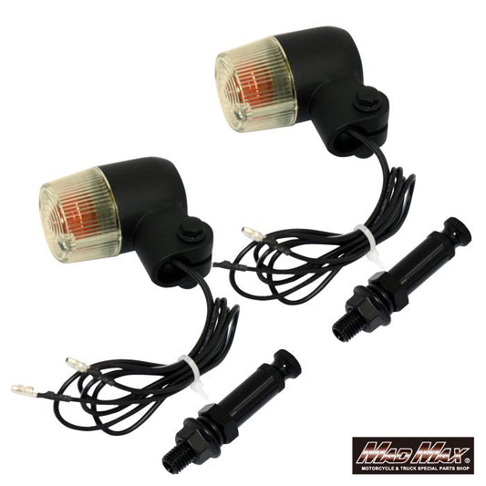 丸型ミニヨーロピアンウインカー M10×73mm/アルミ製取付ステー付 ブラック/黄ばみ 2個セット 汎用