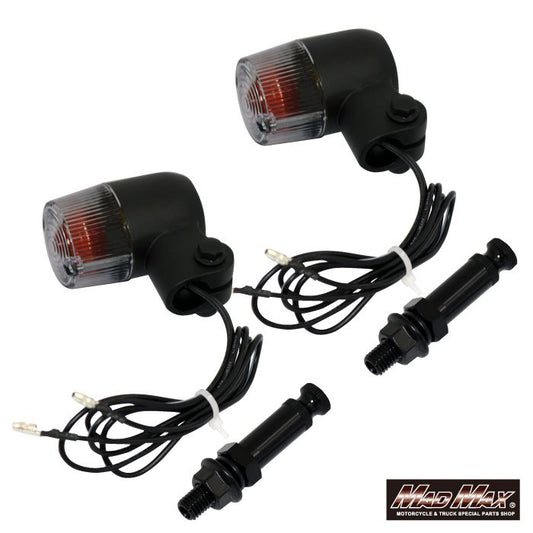 丸型ミニヨーロピアンウインカー M10×73mm/アルミ製取付ステー付 ブラック/スモーク 2個セット 汎用