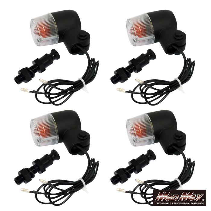 Round Mini European Turn Signals M10 x 60mm / Aluminum Mounting Stays Included Black / Clear 4-Piece Set Universal