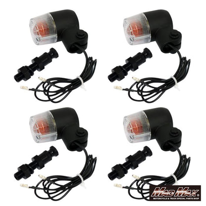 Round Mini European Turn Signals M10 x 60mm / Aluminum Mounting Stays Included Black / Clear 4-Piece Set Universal