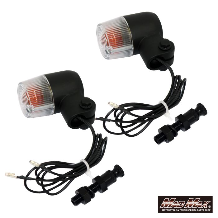 Mini Round European Turn Signals M10 x 60mm / Aluminum Mounting Stay Included Black/Clear 2-piece set Universal
