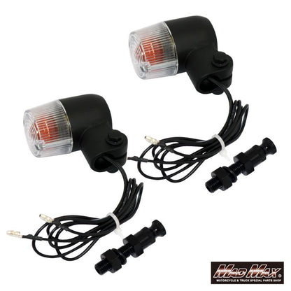 Mini Round European Turn Signals M10 x 60mm / Aluminum Mounting Stay Included Black/Clear 2-piece set Universal