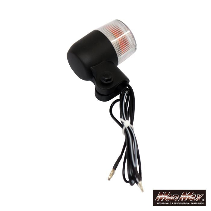 Mini Round European Turn Signals M10 x 60mm / Aluminum Mounting Stay Included Black/Clear 2-piece set Universal