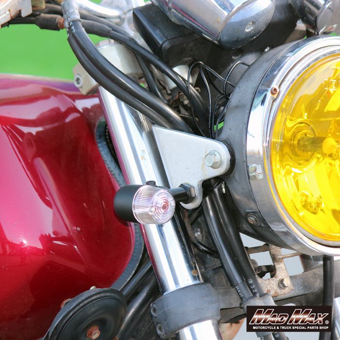 丸型ミニヨーロピアンウインカー M10×73mm/アルミ製取付ステー付 ブラック/クリア 4個セット 汎用