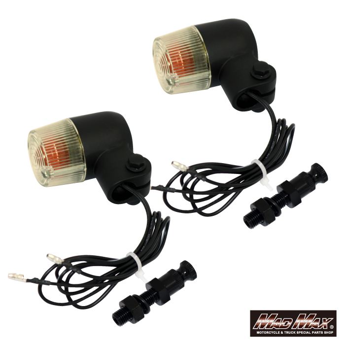 Round Mini European Turn Signals, M10 x 60mm, Black with Aluminum Mounting Brackets, Yellow Lens, Set of 2, Universal