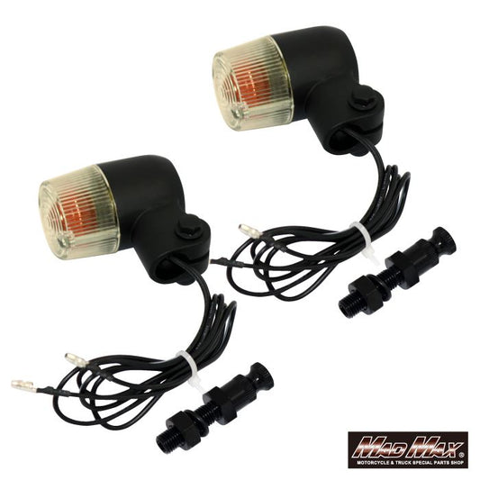 丸型ミニヨーロピアンウインカー M10×60mm/アルミ製取付ステー付 ブラック/黄ばみ 2個セット 汎用