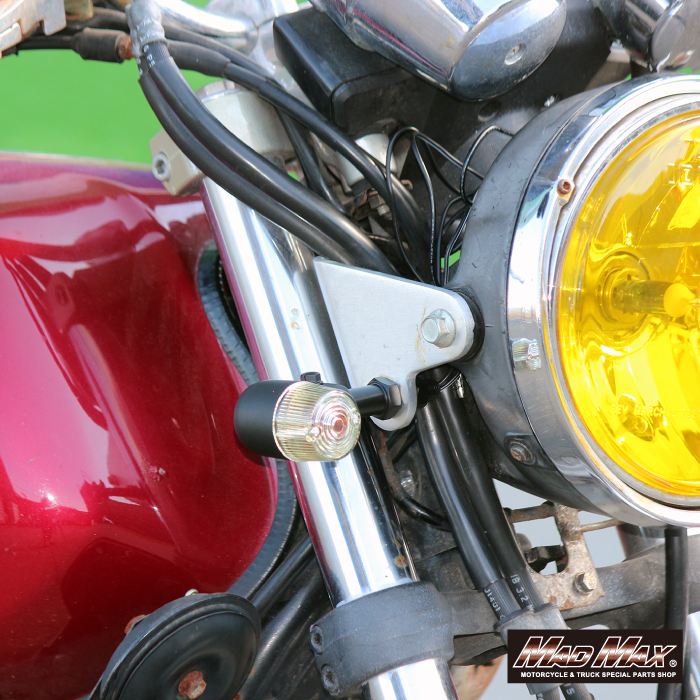 Round Mini European Turn Signals, M10 x 60mm, Black with Aluminum Mounting Brackets, Yellow Lens, Set of 2, Universal